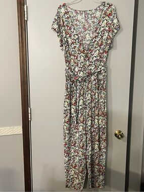 Free People Cream Floral V-Neck Jumpsuit with Red & Blue Accents Med